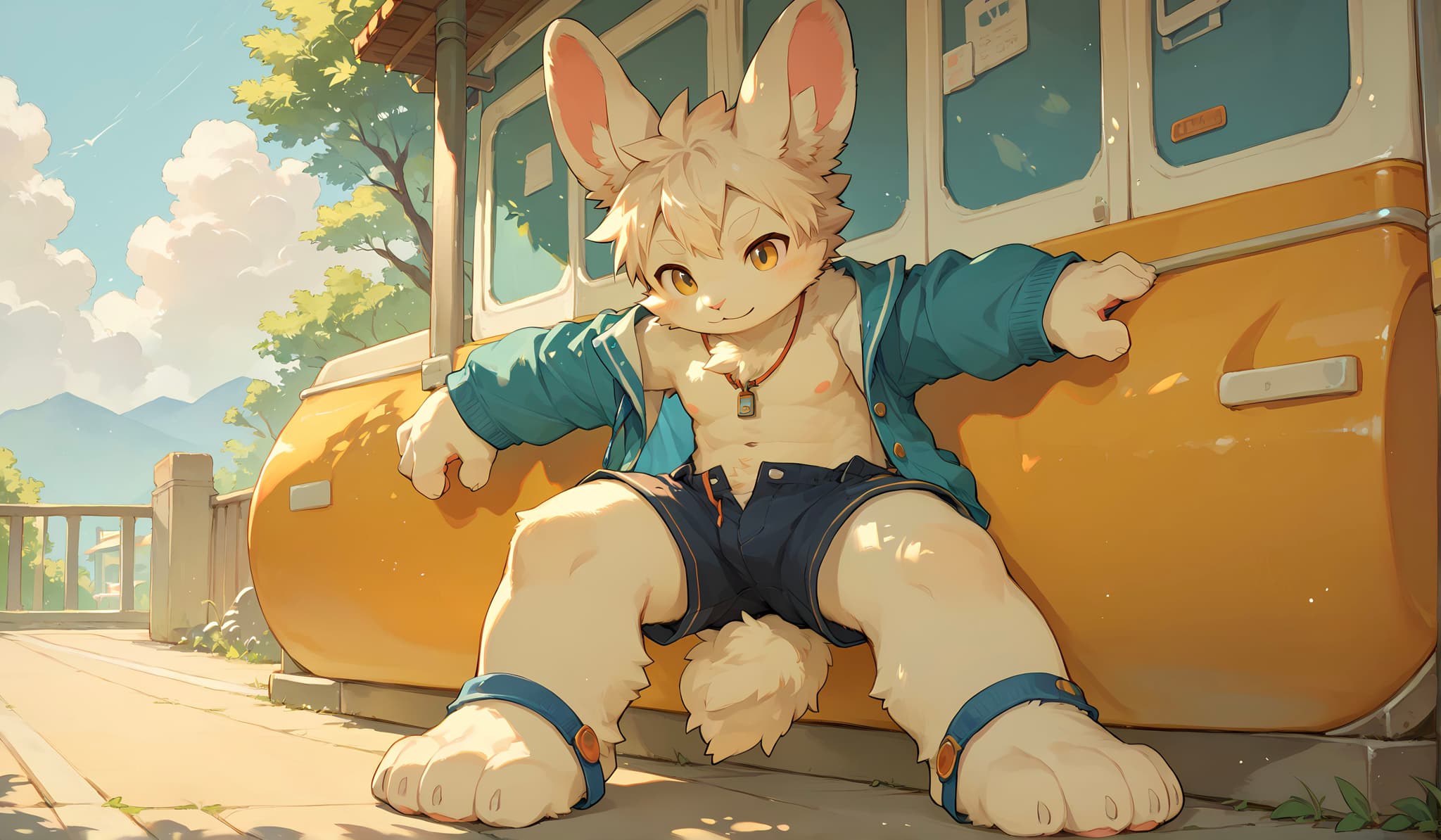 A cartoon rabbit character with a muscular build sits casually against a yellow vehicle, wearing a blue jacket and shorts, in a sunny outdoor setting