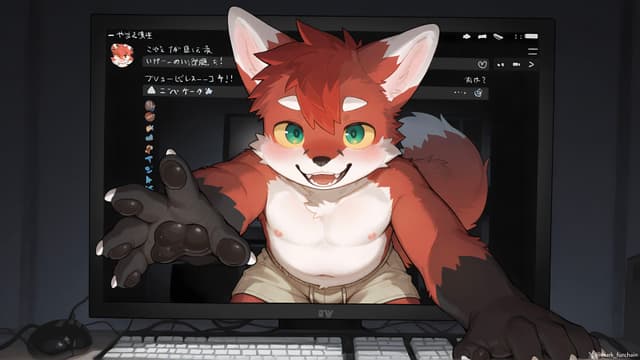 A cartoon fox character appears to be emerging from a computer screen, reaching out towards the viewer The scene includes a keyboard and a dark background