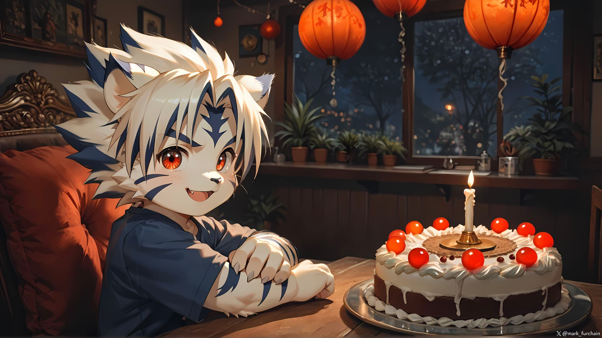 A cute, anime-style character with white hair and tiger-like features sits at a table with a cake topped with cherries and a lit candle. The room is warmly lit with hanging red lanterns and a window showing a night scene