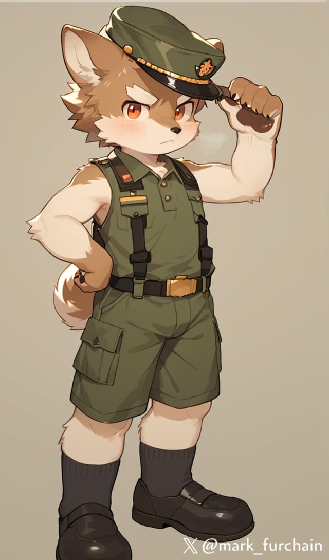 An anthropomorphic wolf character in a military-style uniform, saluting with a serious expression