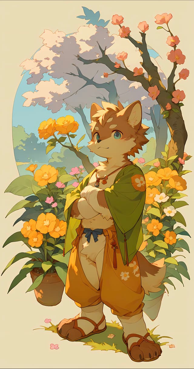 A cartoon anthropomorphic dog character stands confidently among vibrant flowers and trees, wearing a green and orange outfit