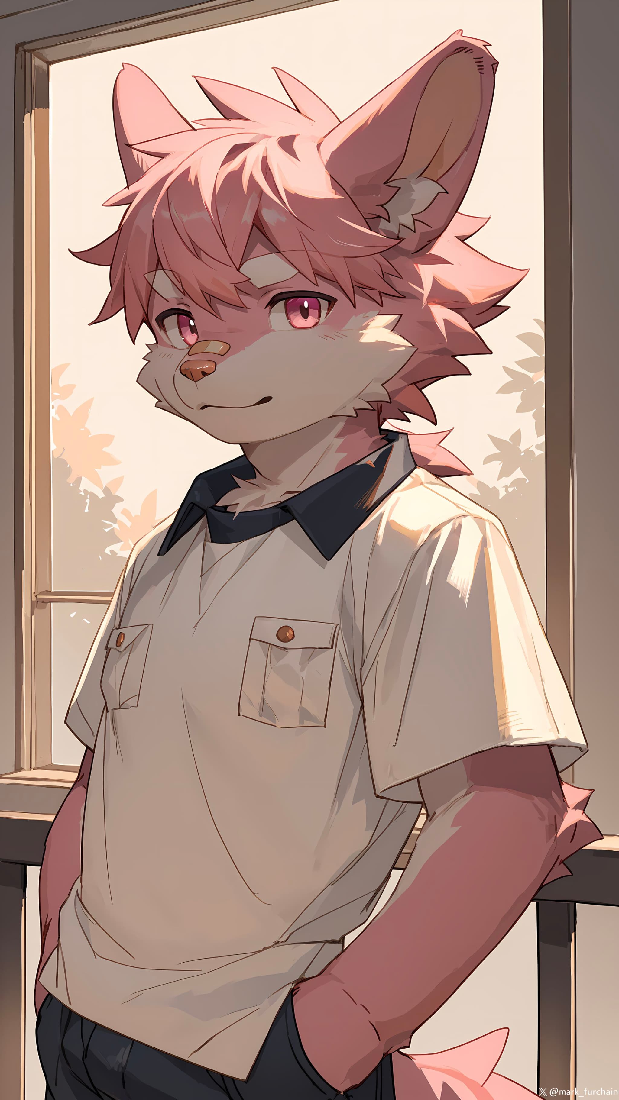 An anthropomorphic pink-furred character with fox-like features stands in a sunlit room, wearing a white shirt with a dark collar and pockets, looking to the side with a relaxed expression