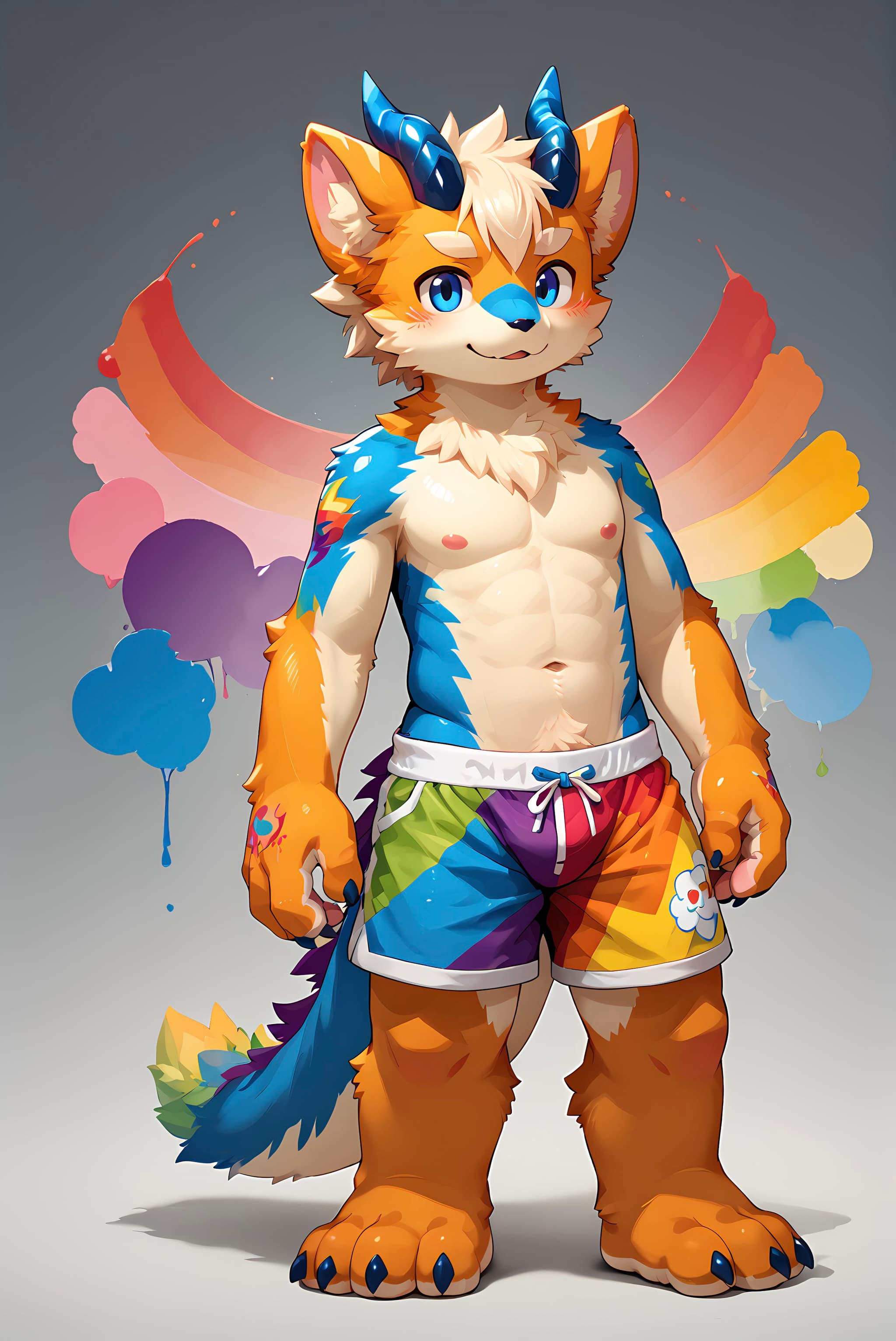 A colorful anthropomorphic fox character with rainbow wings and shorts, featuring vibrant orange fur and blue accents, standing against a backdrop of rainbow paint splashes