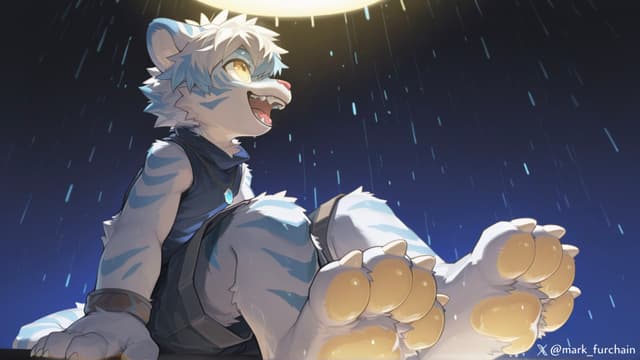 A cartoon-style anthropomorphic wolf character sits under a glowing light, looking upward with a joyful expression. Rain falls around them, and their large paws are prominently visible