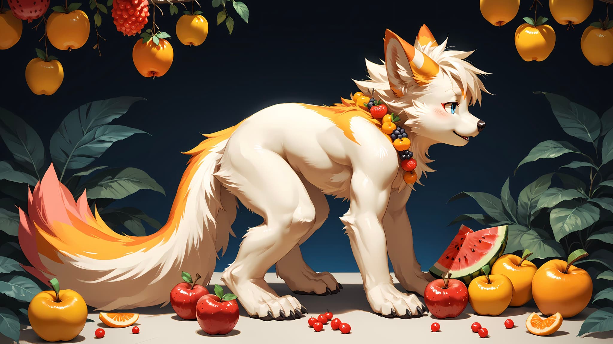 A stylized, anthropomorphic fox-like creature with a fluffy tail and a fruit necklace stands among various fruits, including apples, oranges, and watermelon, against a dark background with green leaves