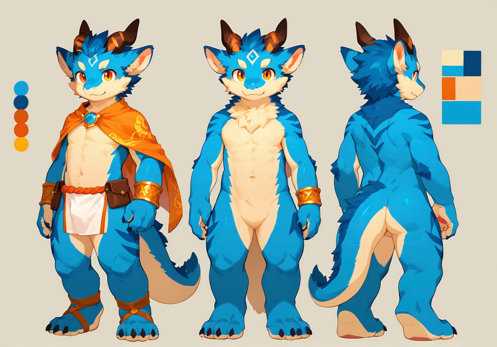 A blue anthropomorphic dragon character is depicted in three poses: front, side, and back. The character has horns, a tail, and wears an orange cape and white loincloth. Color swatches are included on the side