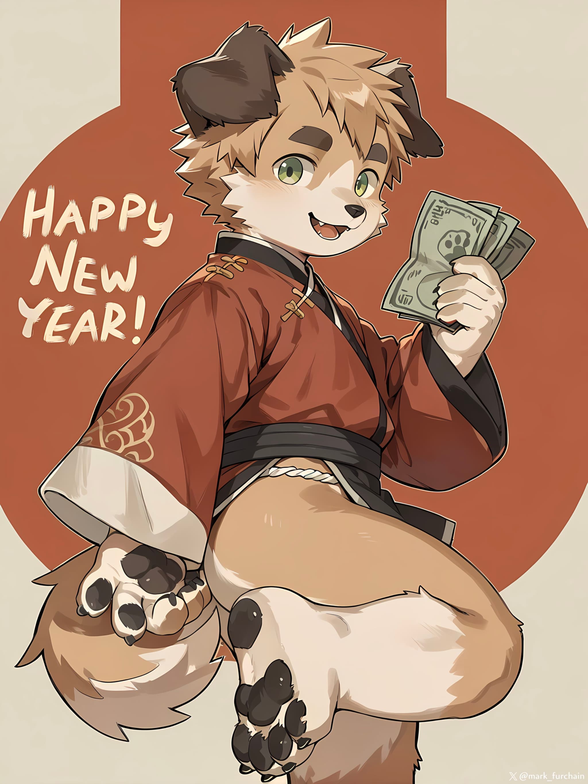 An anthropomorphic dog character wearing a red kimono holds money and smiles, with Happy New Year! written beside it