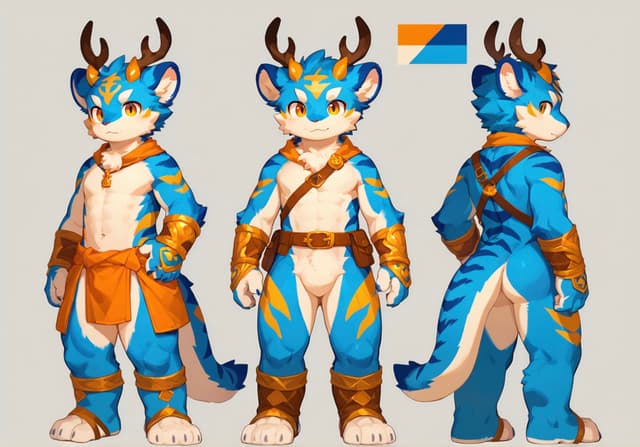 A blue and white anthropomorphic character with antlers, wearing brown accessories, is depicted from three angles: front, side, and back. The character has a muscular build and tiger-like stripes. A color palette is shown in the top right corner