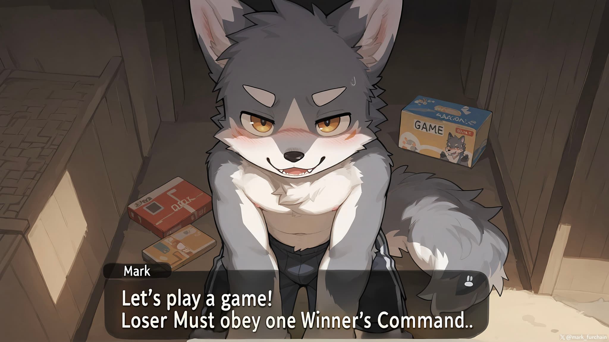 A cartoon wolf character with a mischievous expression sits in a wooden box, surrounded by board games Text reads, Let's play a game! Loser must obey one winner's command