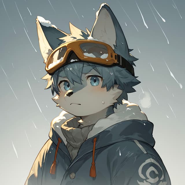 A stylized anthropomorphic character with wolf-like features, wearing a hooded jacket and goggles, stands in the rain