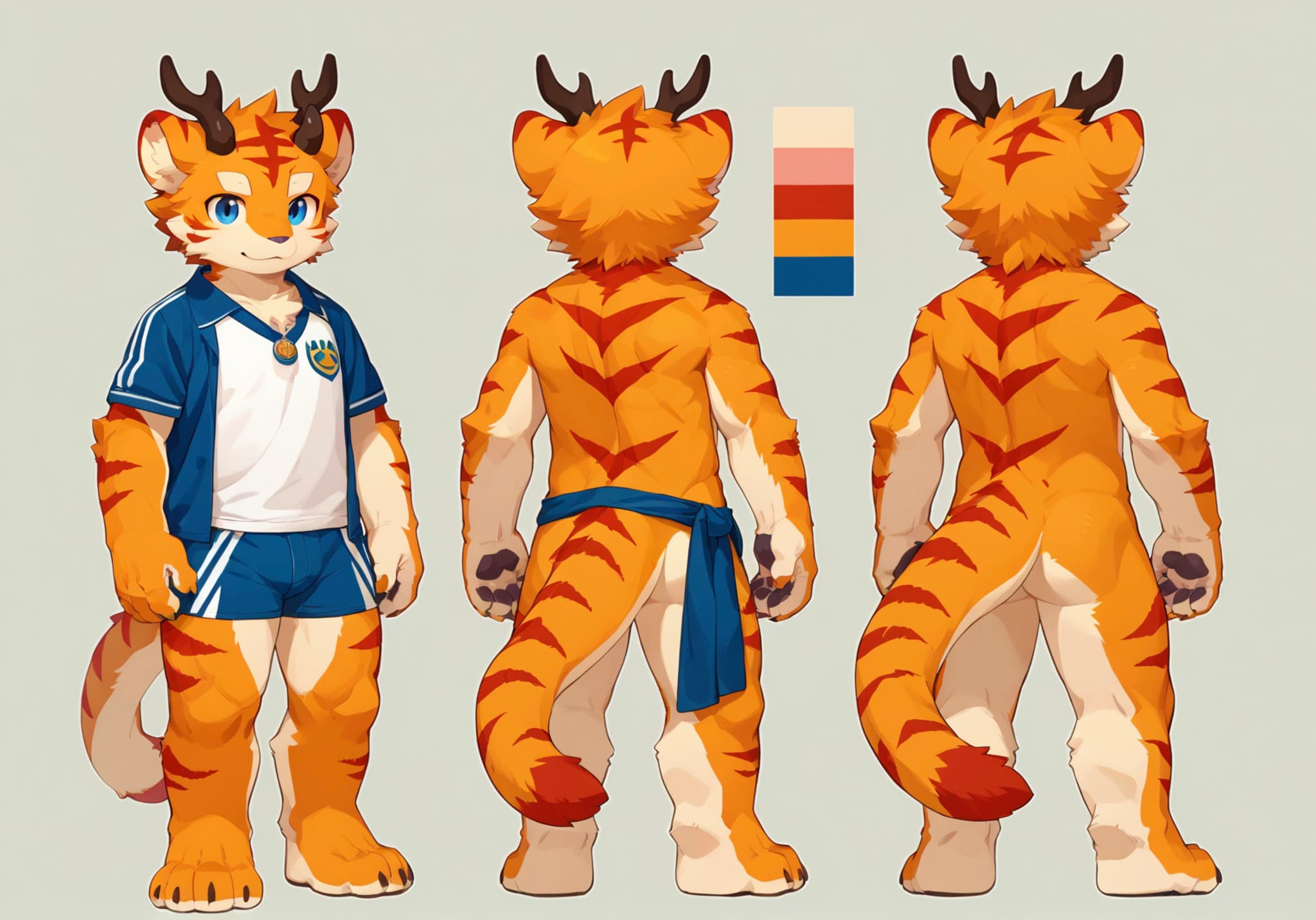 An anthropomorphic tiger character with horns, depicted in three views: front, back, and side. The character wears a blue and white sports outfit and has a color palette displayed above