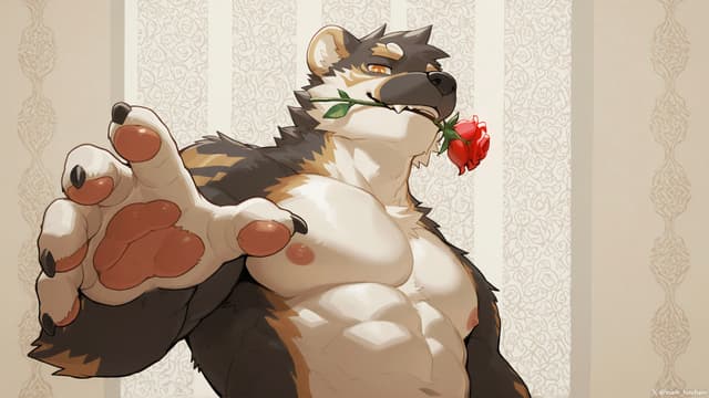 A muscular anthropomorphic bear holding a red rose in its mouth, reaching out with one paw