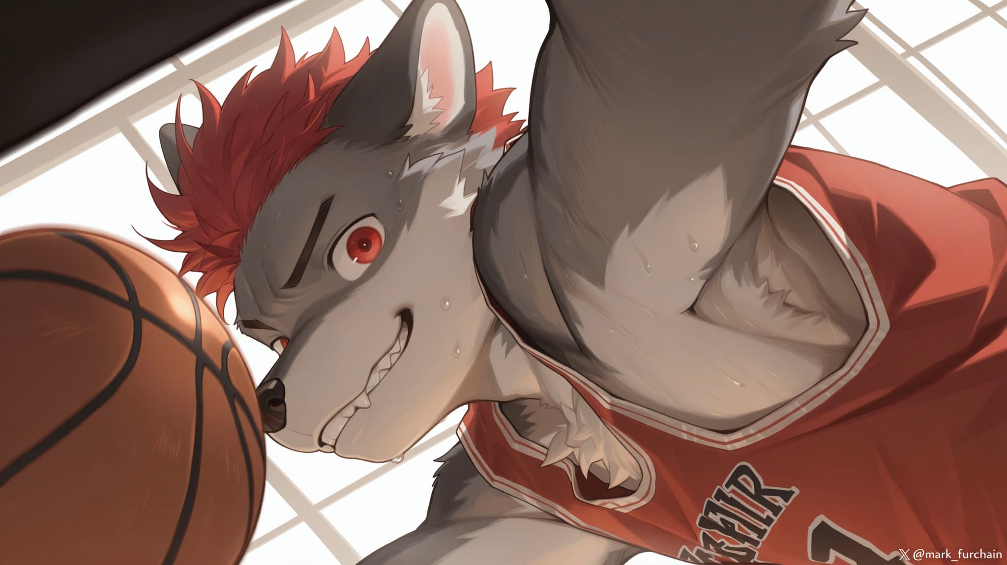 An anthropomorphic wolf with red hair, wearing a basketball jersey, is about to dunk a basketball