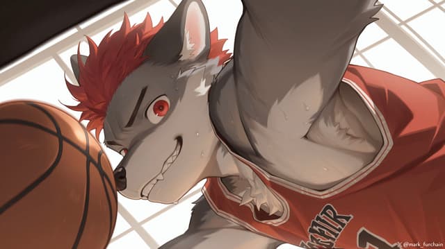 An anthropomorphic wolf with red hair, wearing a basketball jersey, is about to dunk a basketball