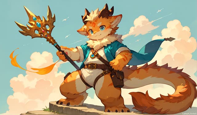 A cartoon-style creature with orange fur, wearing a blue cape and holding a staff with a glowing tip, stands confidently on a rock against a backdrop of clouds