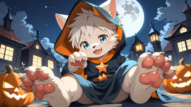 A cute, anime-style character with cat ears and a starry cloak sits playfully among carved pumpkins under a full moon, surrounded by a village at night