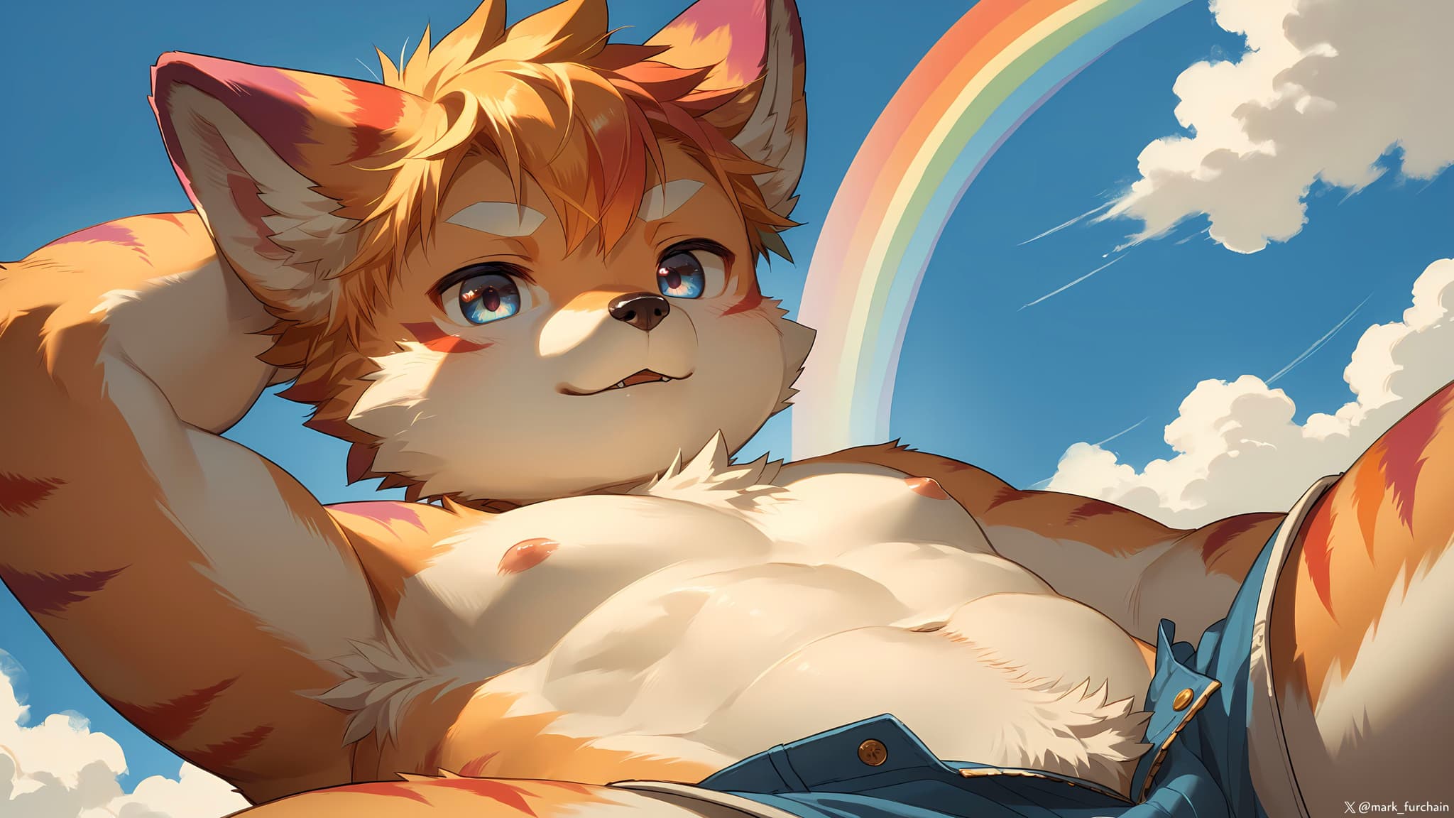 A cartoon anthropomorphic cat with orange fur and blue eyes is lying back, wearing denim shorts. A rainbow and fluffy clouds are in the background