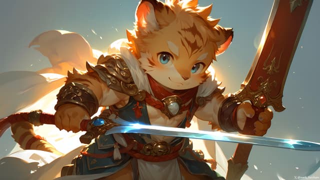 A fantasy-style anthropomorphic cat warrior holding a glowing sword, wearing armor, and standing against a bright background