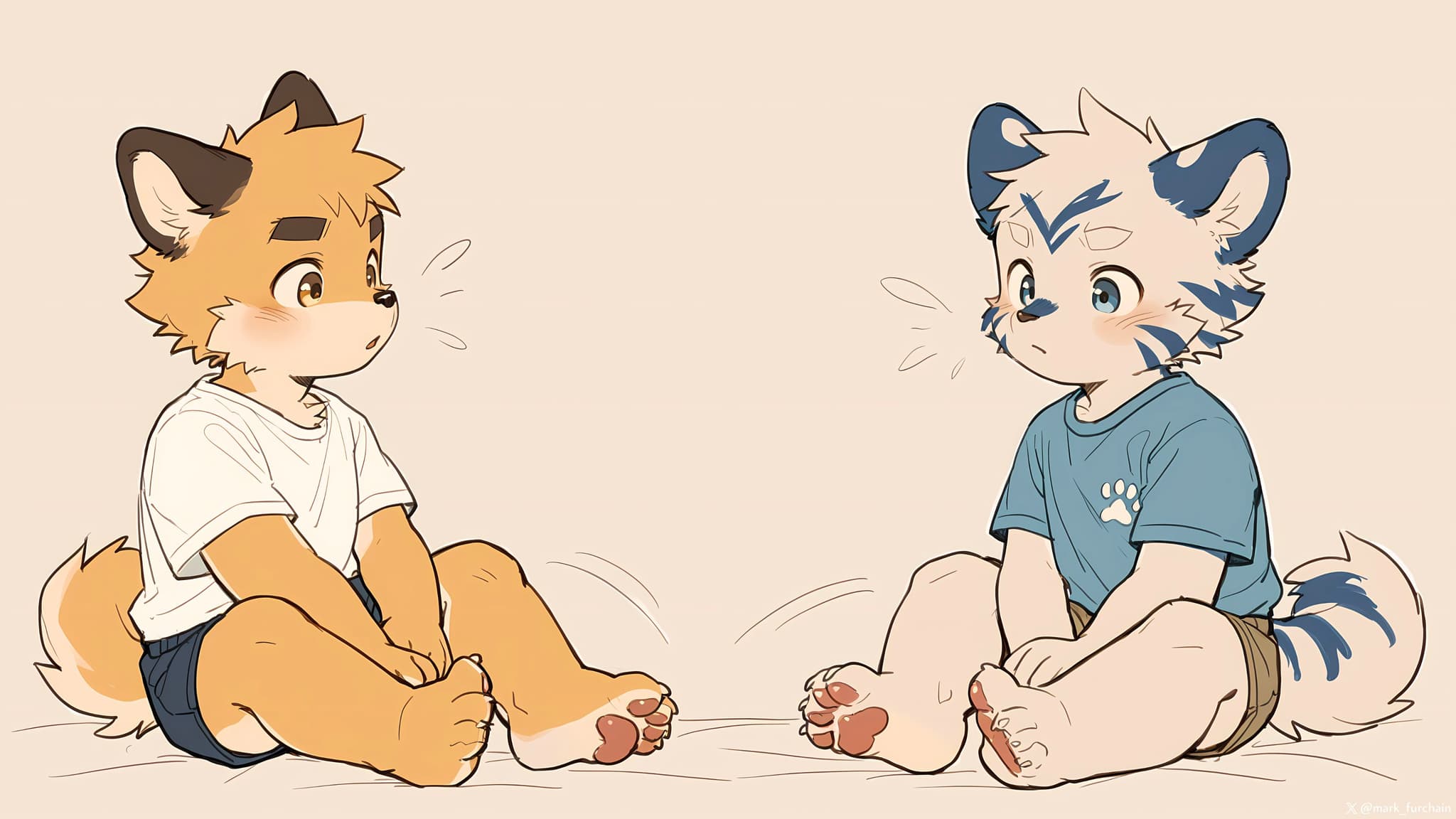 Two anthropomorphic animals sitting on the floor facing each other, one with orange fur and the other with white and blue fur, both wearing t-shirts and shorts