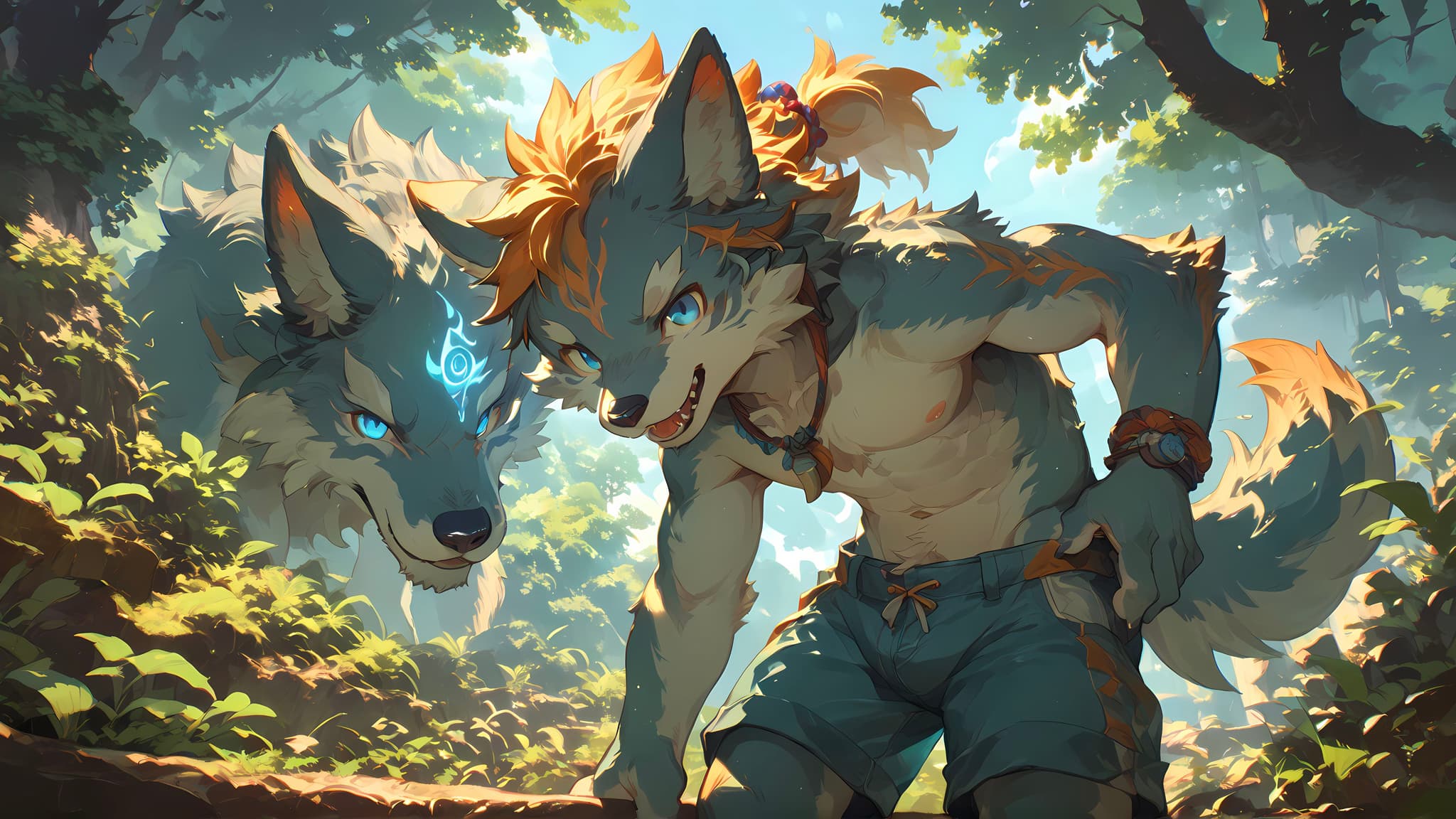 A humanoid wolf character with orange and blue fur stands in a forest, accompanied by a large wolf head. The scene is brightly lit with sunlight filtering through the trees