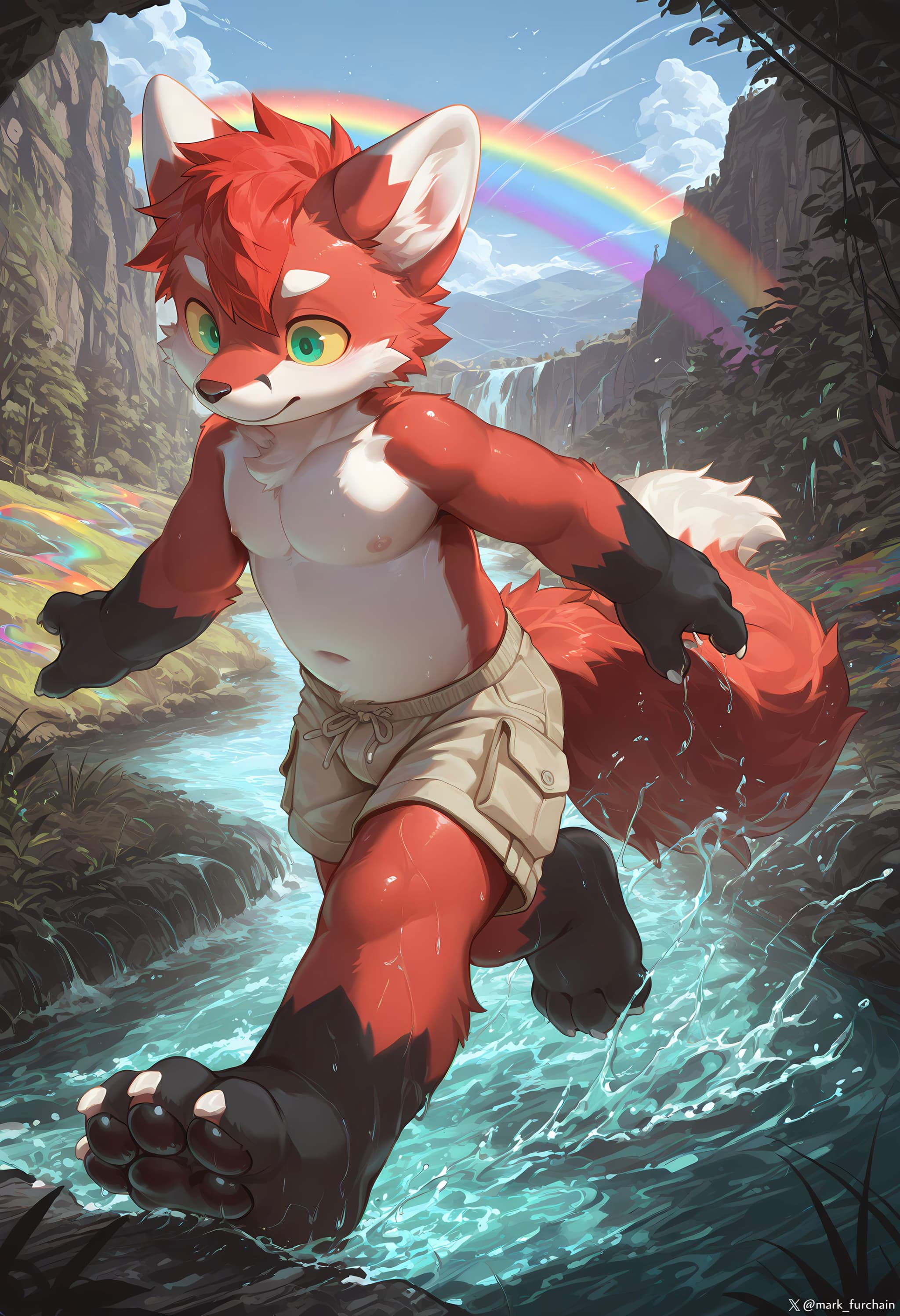 A red anthropomorphic fox character joyfully runs through a stream in a lush valley, with a rainbow arching overhead