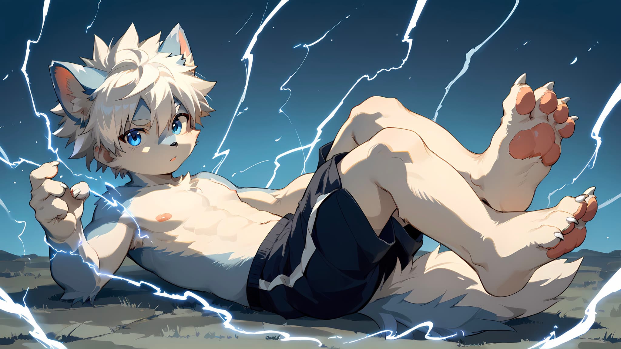 A humanoid character with wolf-like features, including ears and a tail, is lying on the ground. The character has white hair, blue eyes, and is surrounded by electric sparks. They are wearing dark shorts and have a playful expression