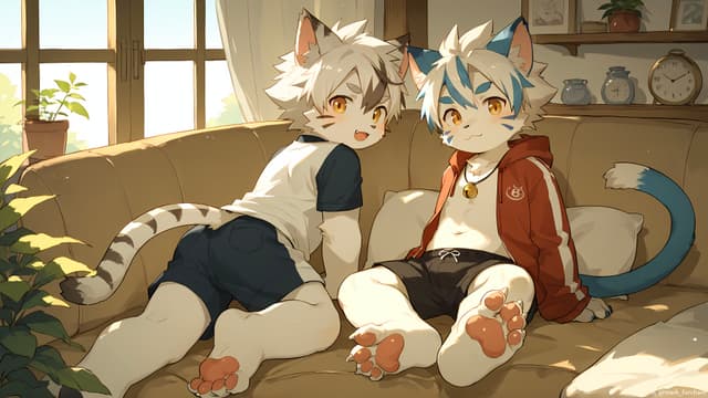 Two anthropomorphic cat characters with white and blue fur are lounging on a couch in a sunlit room. They have playful expressions, wearing casual clothing, and their tails and ears are prominently featured. The room has a cozy atmosphere with plants and shelves in the background