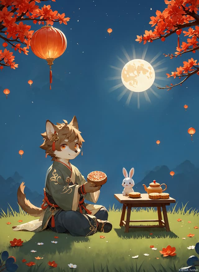 A fox-like character in traditional attire sits on grass under a full moon, holding a bowl. A small table with a teapot and a rabbit is nearby, surrounded by red autumn leaves and lanterns