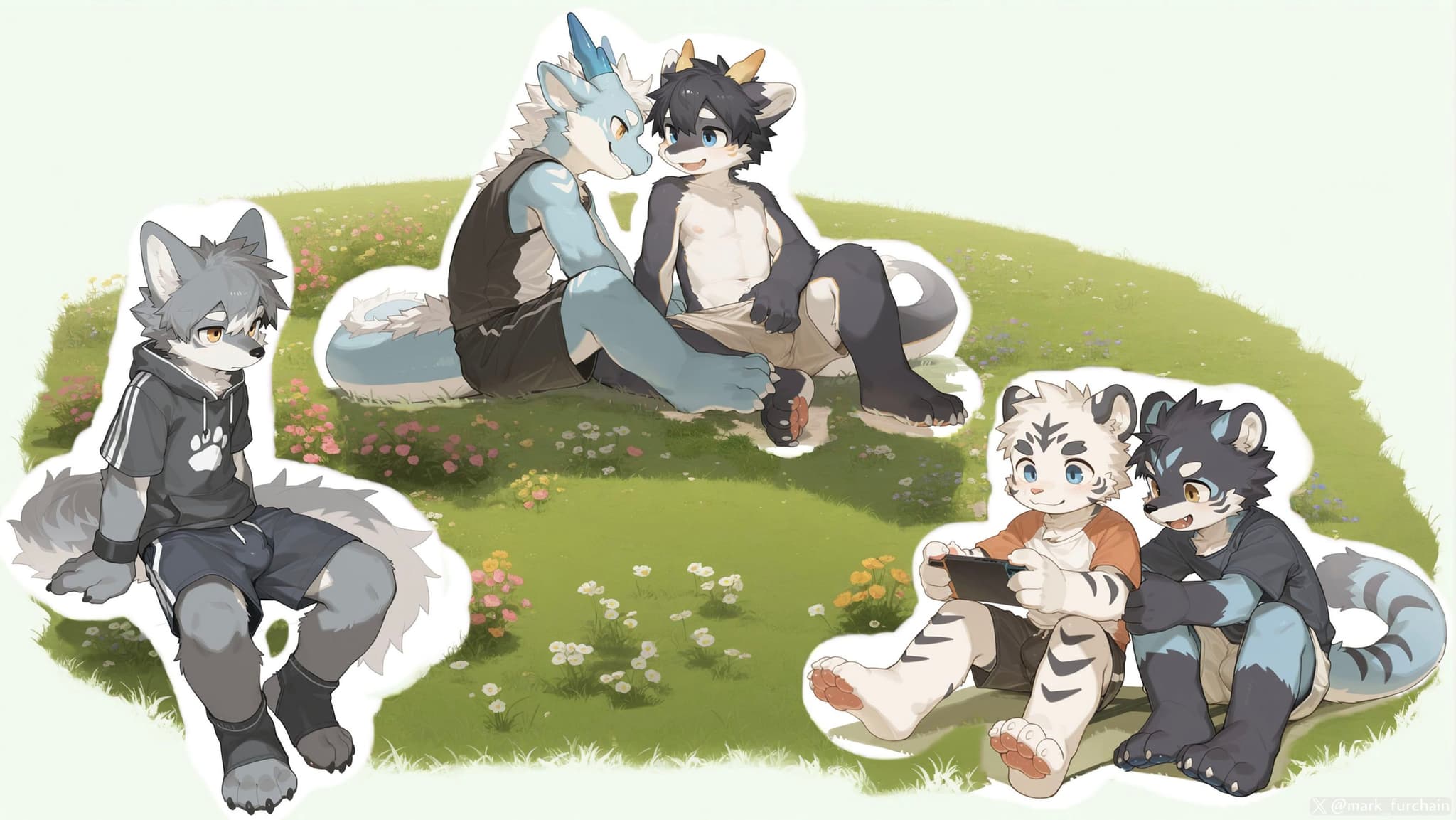 Anthropomorphic animal characters sitting and interacting on a grassy patch, with two pairs engaged in conversation and one character sitting alone