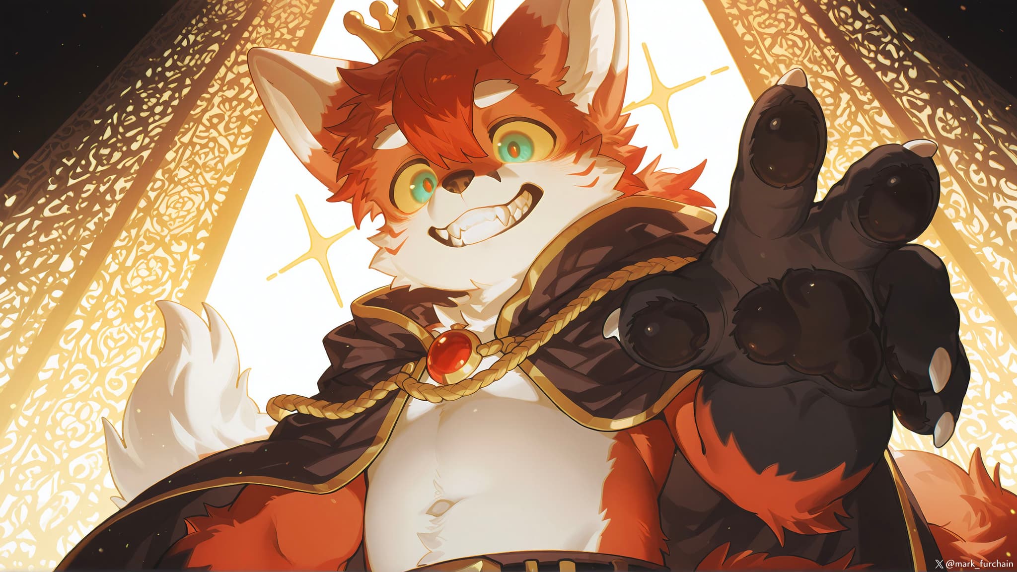 A cartoon fox character with red and white fur, wearing a crown and a regal cape, smiling and reaching forward with a confident expression The background features a glowing, ornate design