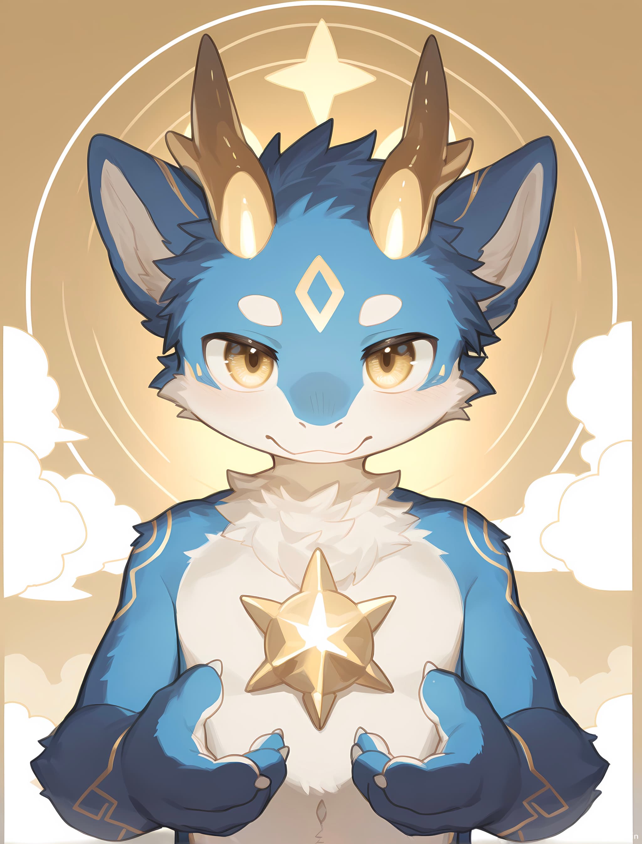 A blue and white anthropomorphic creature with golden horns and markings holds a glowing star, set against a celestial background with clouds and a large star above