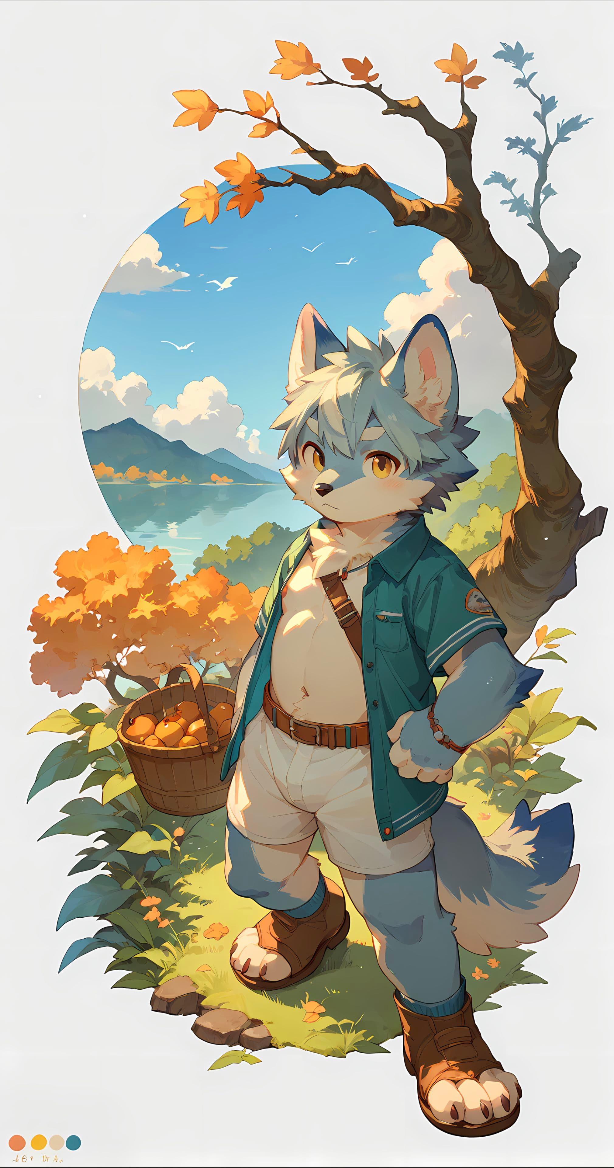 A cute anthropomorphic wolf character stands in a scenic autumn landscape, wearing casual clothes and sandals, with a basket nearby. The background features a tree with orange leaves, a lake, and a bright blue sky with clouds