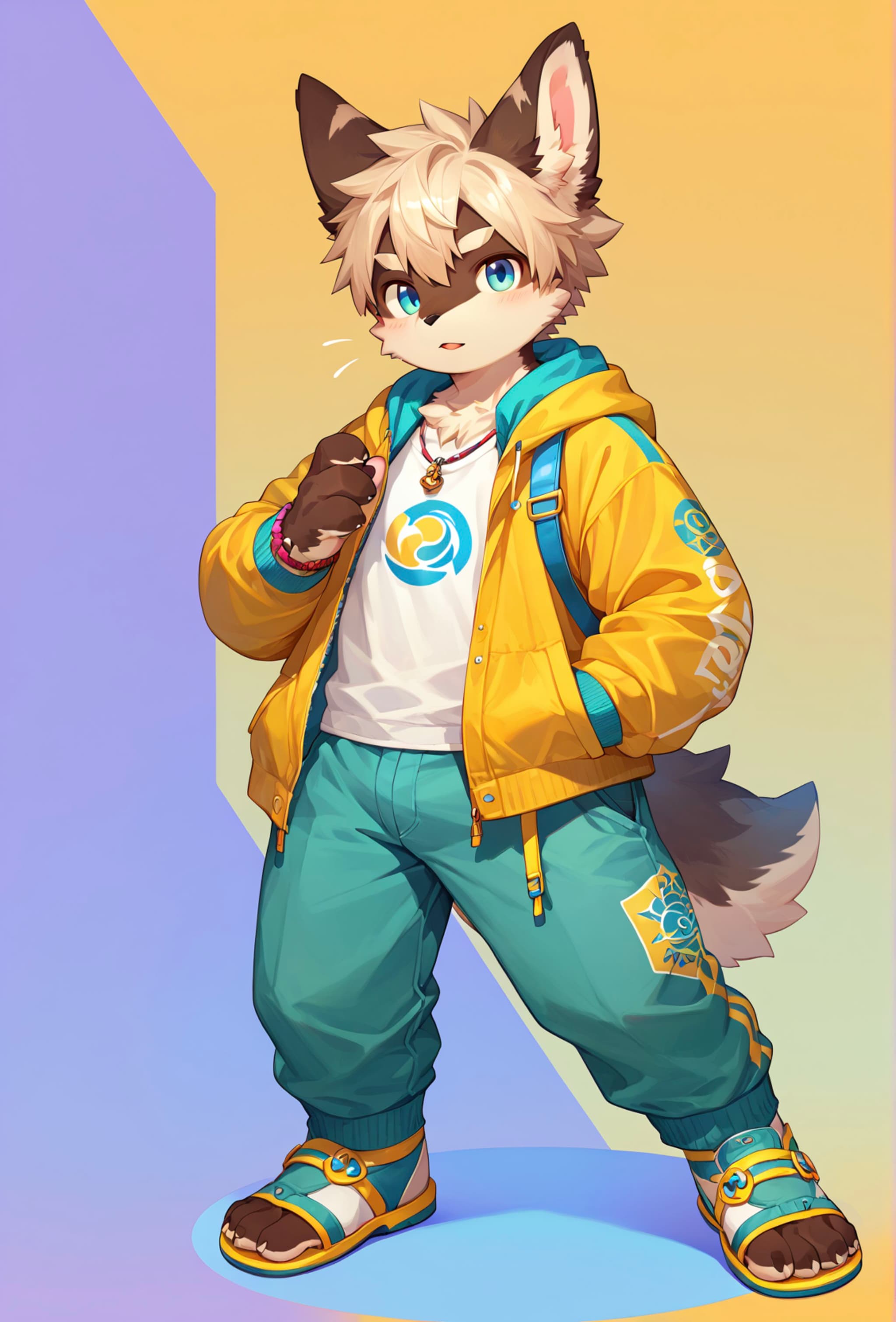 A stylized anthropomorphic character with wolf-like features, wearing a yellow jacket, teal pants, and sandals, set against a gradient background