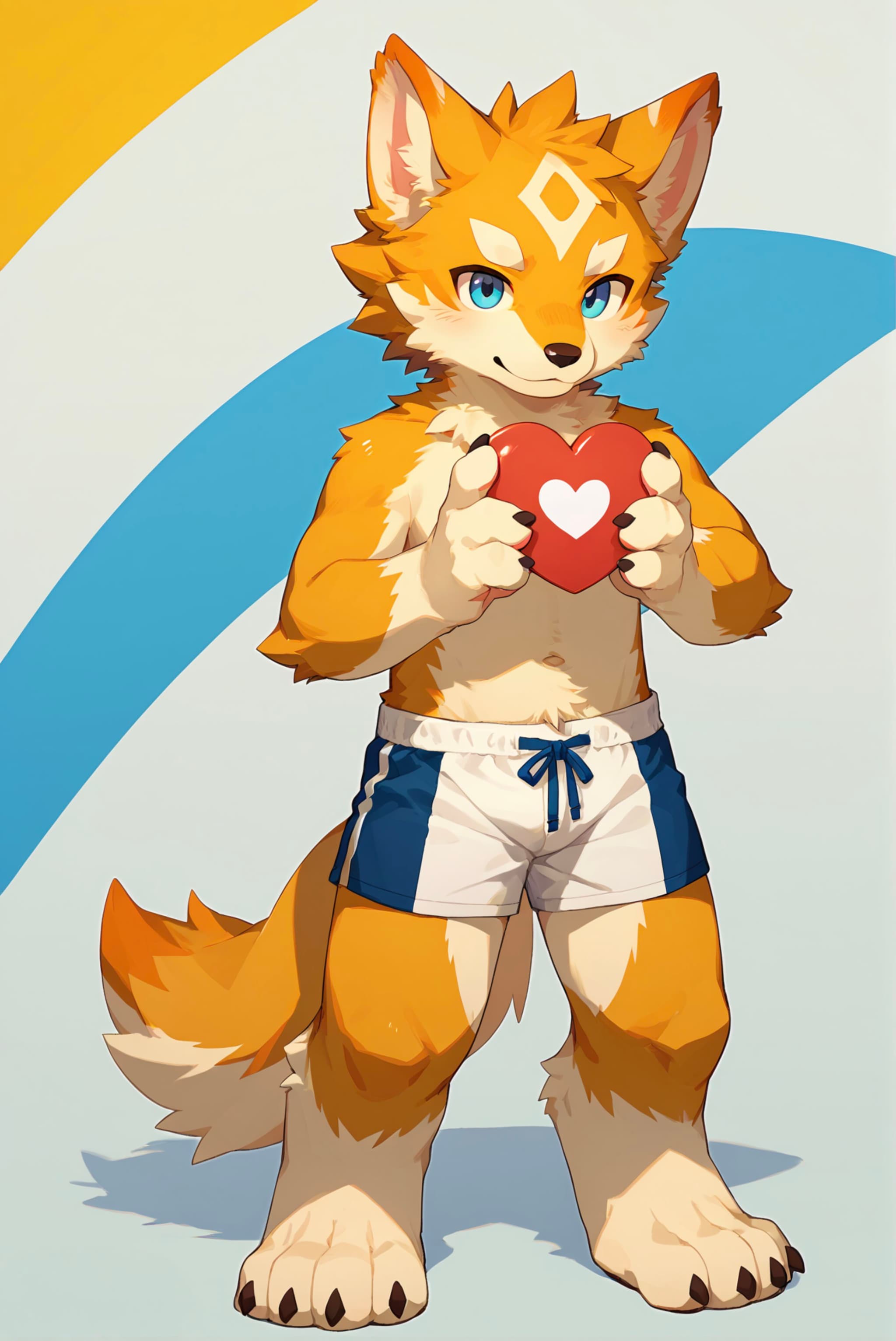 A cartoon-style anthropomorphic fox character with orange and white fur, wearing blue and white shorts, holding a red heart with a white heart symbol. The background features curved blue and yellow shapes