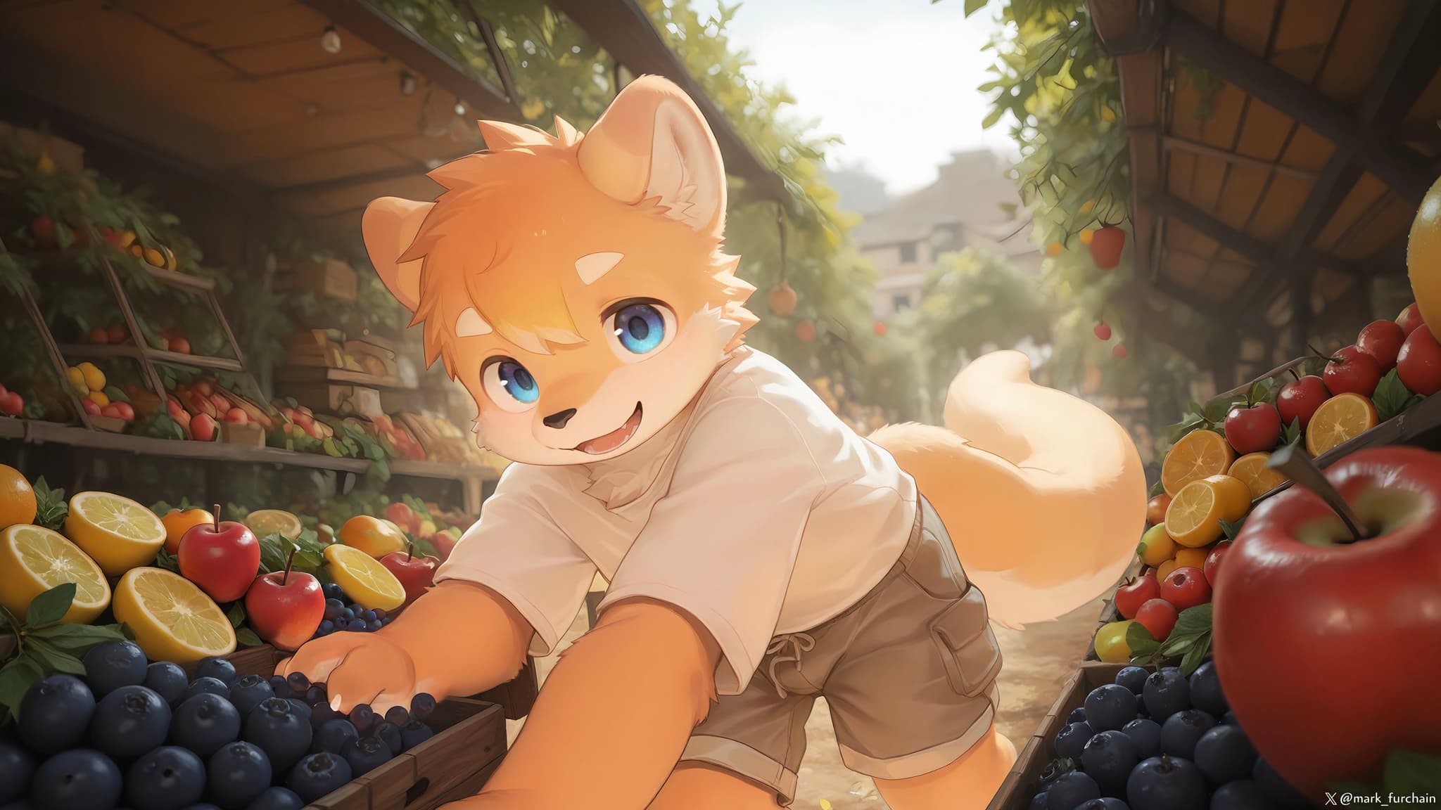 A cute, anthropomorphic fox character with orange fur and blue eyes is wearing a white shirt and shorts, standing in a sunlit market surrounded by colorful fruits like apples, lemons, and berries