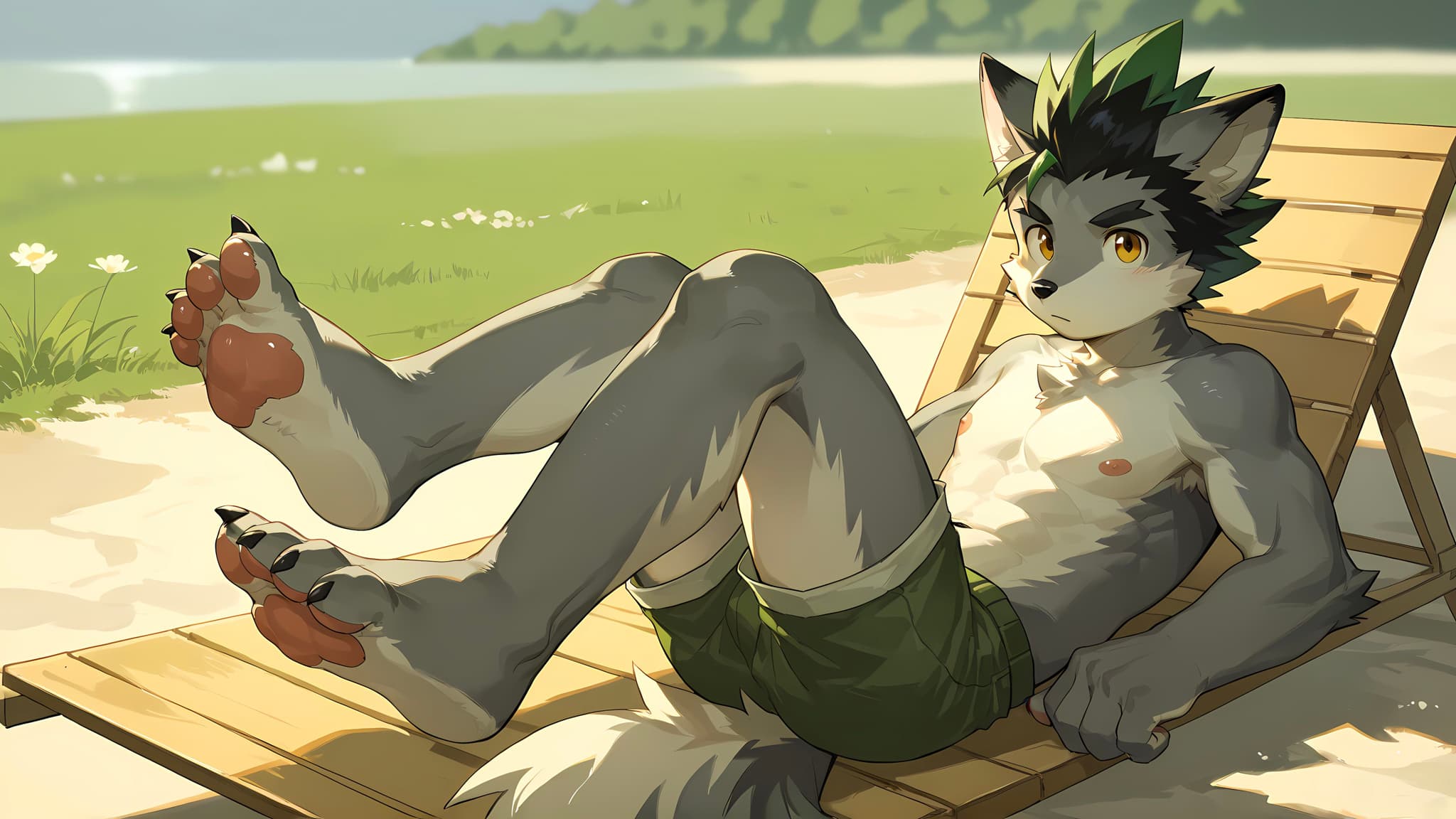 A humanoid wolf character with green hair relaxes on a beach chair, wearing green shorts, with a scenic beach and ocean in the background