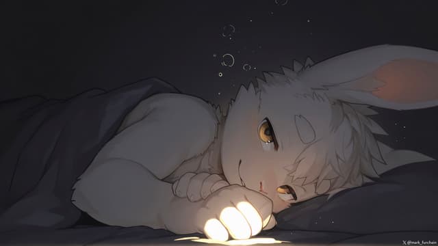 A rabbit-like character lying in bed, holding a glowing object, with a peaceful expression in a dimly lit setting