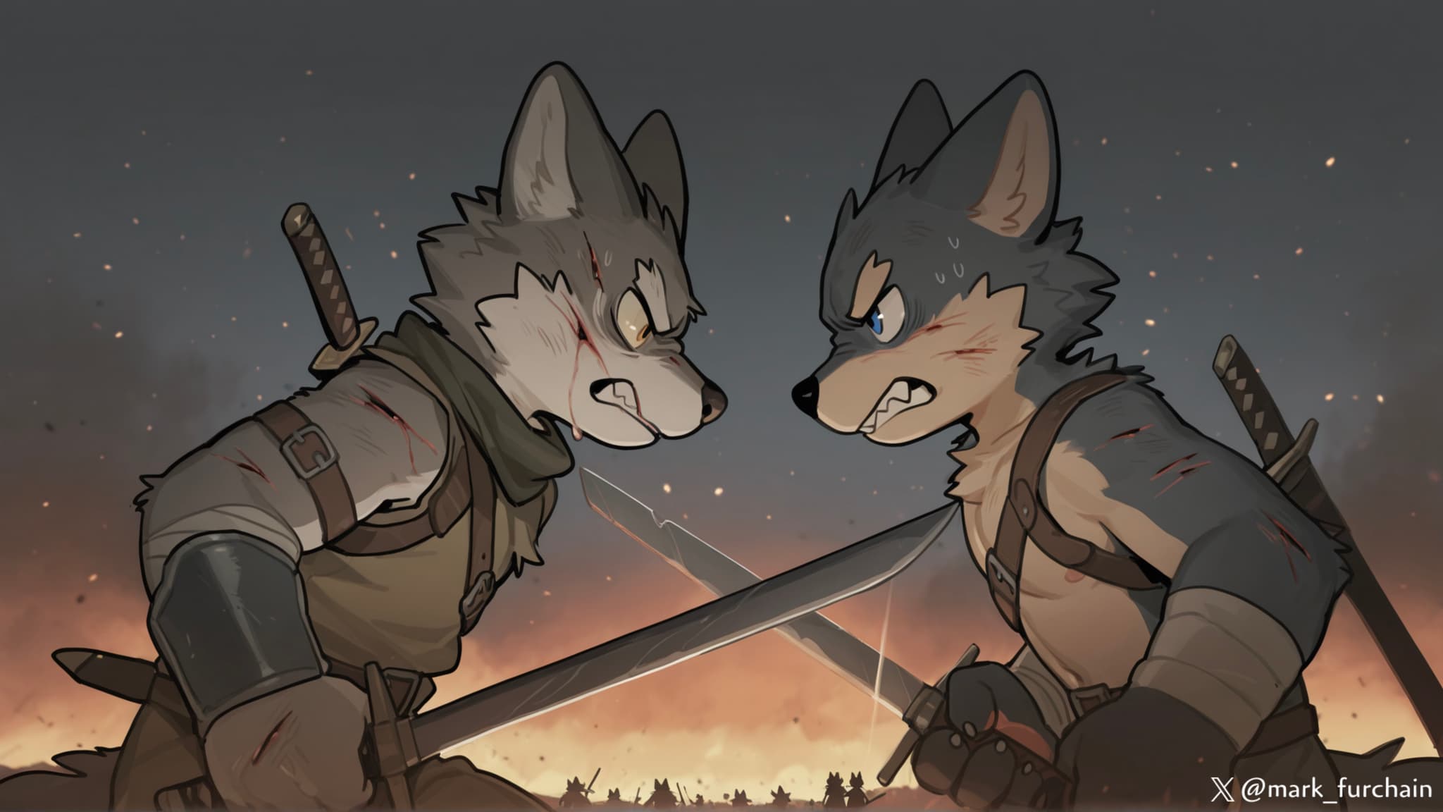 Two anthropomorphic wolves in armor face off with swords drawn, set against a fiery, smoky background