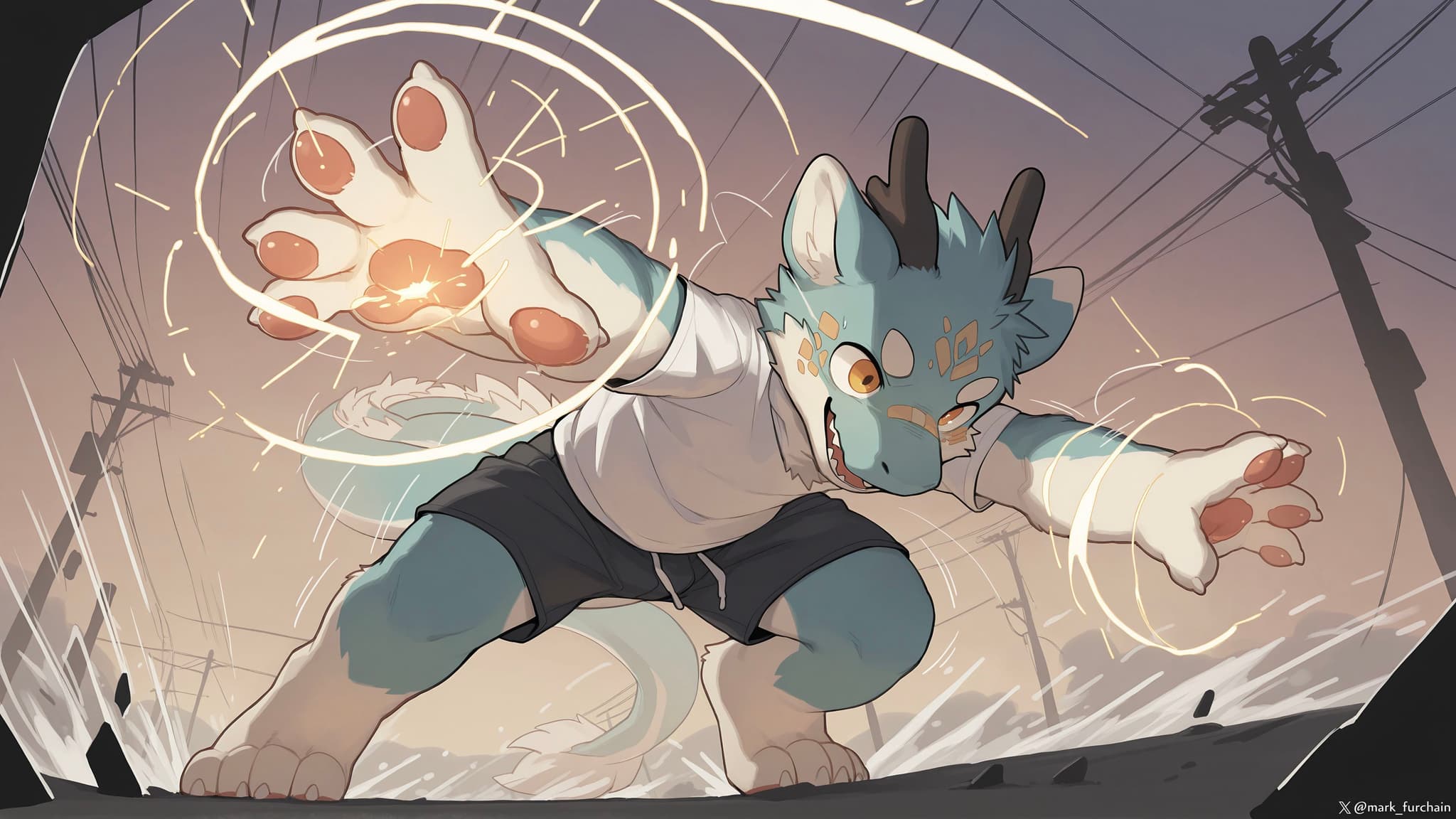 A stylized anthropomorphic creature with blue fur and horns, wearing a white shirt and shorts, appears to be using magical or energy powers, with glowing effects around its hands The background features power lines and a sky with a gradient from light to dark