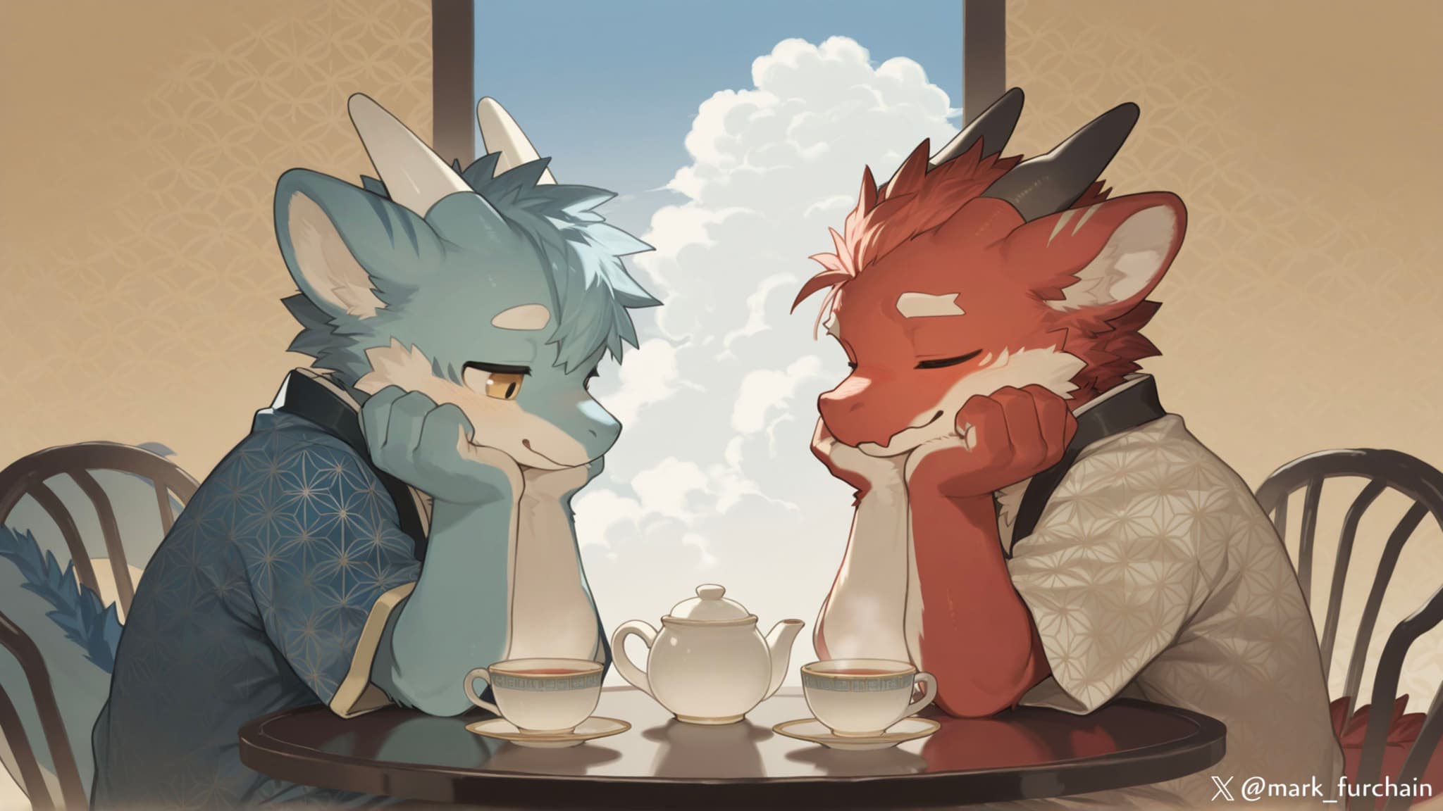 Two anthropomorphic creatures, one blue and one red, sit across from each other at a table with a teapot and cups, appearing contemplative A window with a view of clouds is in the background