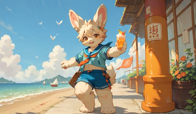 A cheerful anthropomorphic rabbit character in a blue outfit holds a drink while walking along a sunny beachside path, with a clear sky and ocean in the background