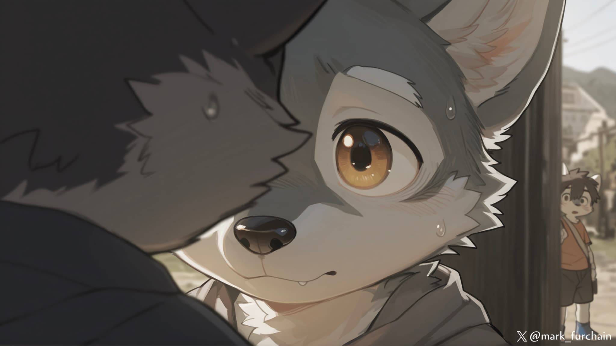 A close-up of two anthropomorphic wolf characters facing each other, with one looking intently at the other The background is softly blurred, suggesting an outdoor setting