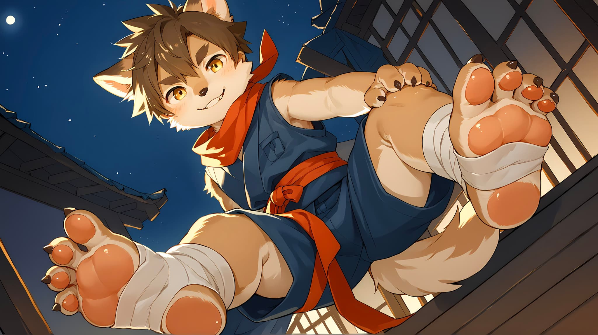 A cartoon-style anthropomorphic fox character in martial arts attire, with a red scarf and bandaged feet, is leaping through a nighttime scene with traditional Japanese architecture in the background