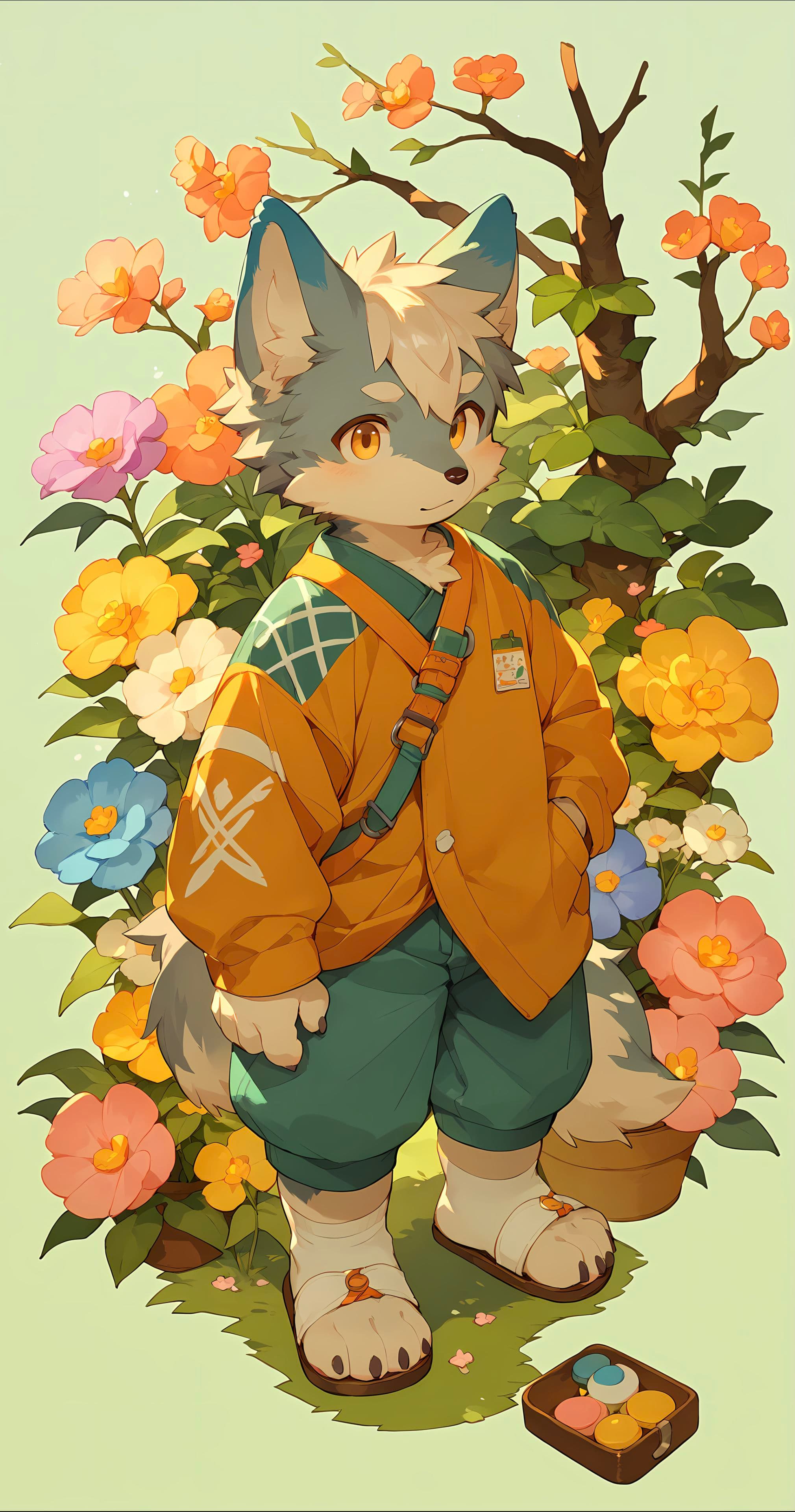 A cute anthropomorphic wolf character stands surrounded by colorful flowers, wearing a yellow jacket and green pants, with a small box of sweets nearby