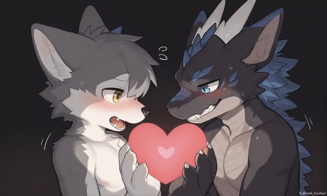 Two anthropomorphic characters, one resembling a wolf and the other a dragon, holding a glowing heart between them with expressions of affection