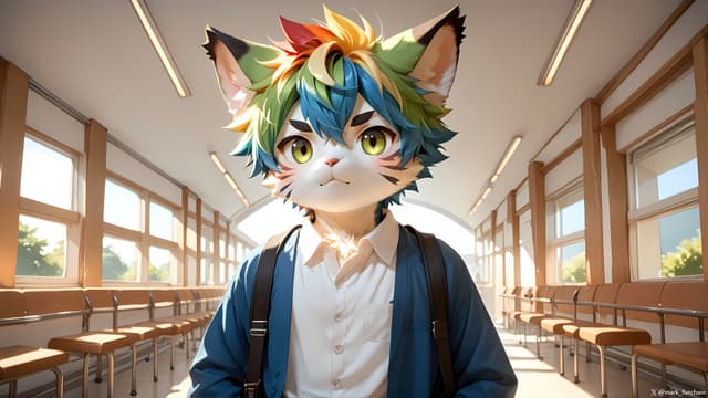 A colorful, anthropomorphic cat character with vibrant hair stands in a sunlit classroom, wearing a blue jacket and white shirt