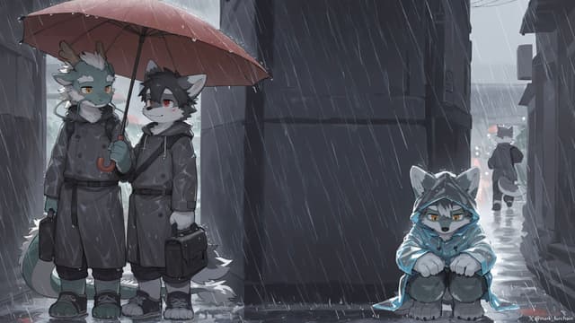 Two anthropomorphic characters stand under a red umbrella in the rain, while another character sits alone, wearing a blue raincoat The scene conveys a sense of companionship and solitude