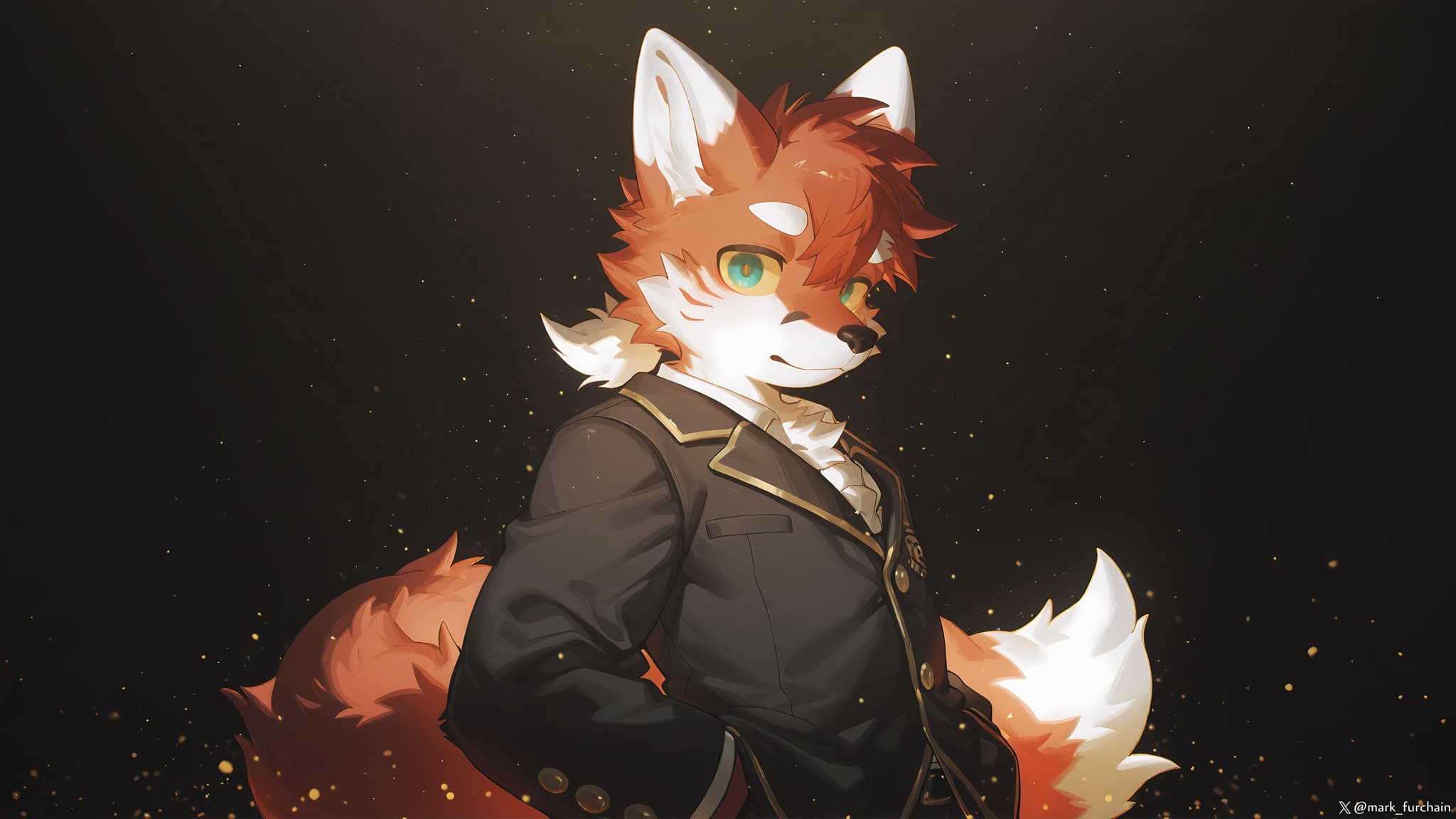 A humanoid fox character with red and white fur, wearing a formal black suit, set against a dark background