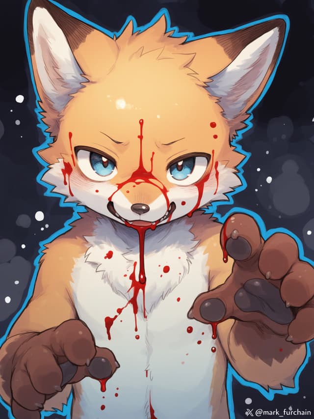 A cartoon fox character with blood on its face and paws, set against a dark background with light spots