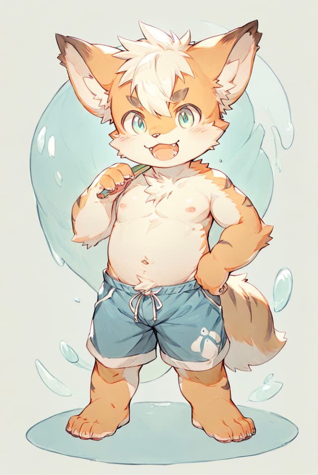 A cute, anthropomorphic fox character with light brown fur and white hair, wearing blue shorts, standing confidently with a playful expression